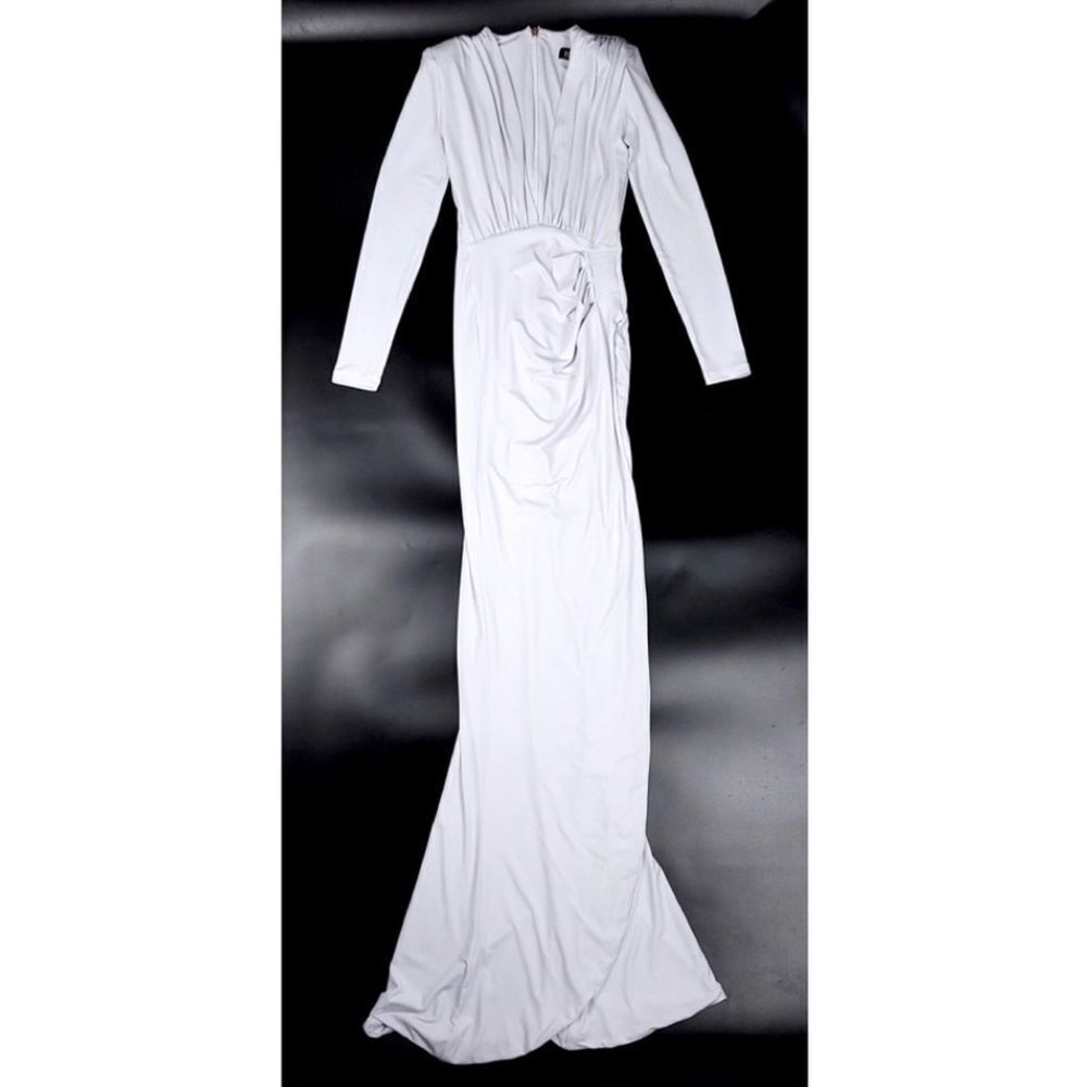 NOOKIE Farrah Long Sleeve Ruched Padded Shoulder Gown Womens Small in White